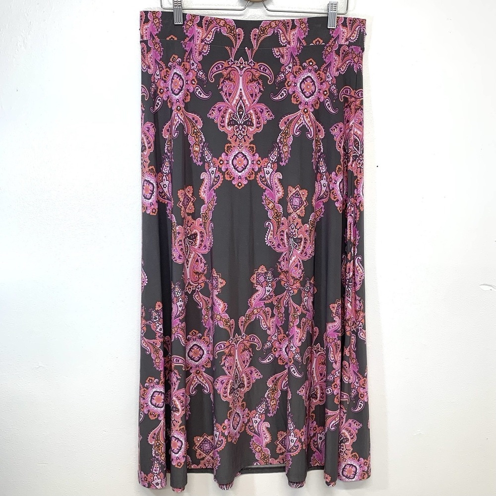 INC Maxi Skirt A Line Pull On Stretch Knit Large Pink Floral Print Beads Boho